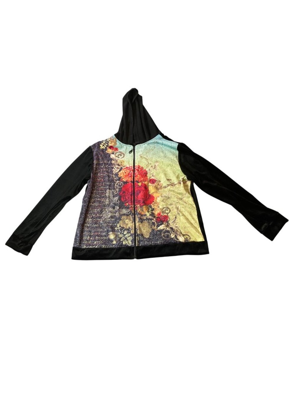 Coldwater Creek Floral Velvet Hoodie Jacket Black & Multicolor Full-Zip Large